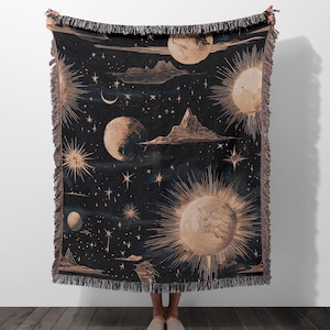 Magic Skies Woven Throw Blanket, Sun and Moon Woven Tapestry Blanket, Woven Wall Hanging, Cotton Bedding, Woven Tapestry, Vintage Home Decor