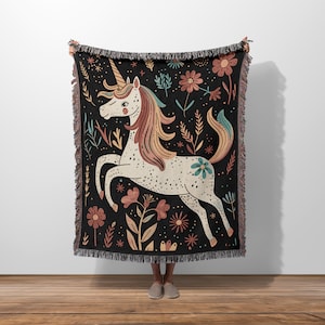 Unicorn Woven Blankets, Children&#39;s Unicorn Blanket, Unicorn Tapestry, Unicorn Lover Gift, Woven Throw Blanket, Horse Lover Gift, Cottagecore