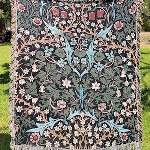 Floral Woven Throw Blankets, William Morris Blackthorn Tapestry Blanket, Cotton Sofa Throw, Folk Art Blanket, William Morris Gift