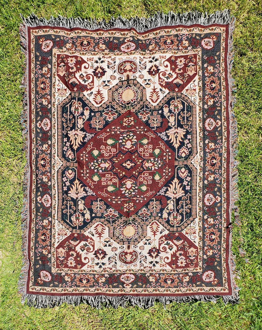 Persian Rug Style Woven Blanket, Arabesque Pattern Throw Blankets, Middle Eastern Design