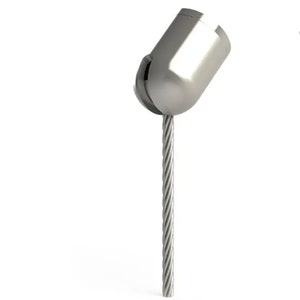 May include: A silver metal cable connector with a round, swiveling head. The cable is made of braided metal and is attached to the connector.