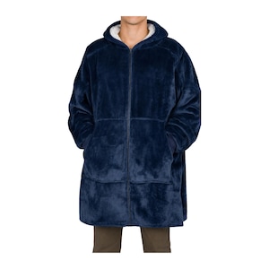 May include: A navy blue zip-up hoodie made of a plush, fuzzy material. The garment features a hood lined with a white, sherpa-style fabric, long sleeves with ribbed cuffs, and two large, square patch pockets on the front of the torso.