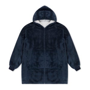 May include: A navy blue zip-up hooded sweatshirt featuring a plush, fuzzy exterior texture and a contrasting white sherpa-style fleece lining inside the hood. The garment includes long sleeves with ribbed cuffs and two large front patch pockets.