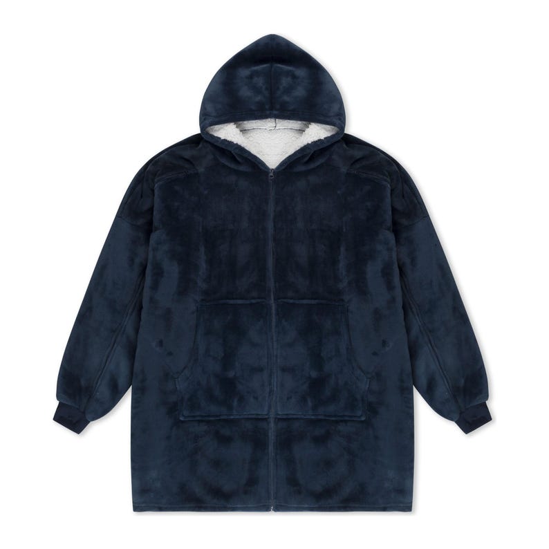 May include: A navy blue zip-up hooded sweatshirt featuring a plush, fuzzy exterior texture and a contrasting white sherpa-style fleece lining inside the hood. The garment includes long sleeves with ribbed cuffs and two large front patch pockets.