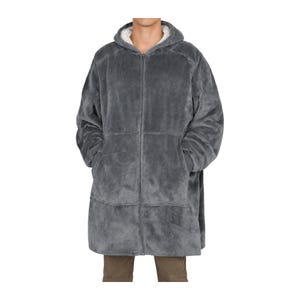 May include: A charcoal gray zip-up hoodie made of plush, fuzzy fleece material. This long-sleeved garment features a hood lined with white sherpa fabric, a full-length front zipper, and two large rectangular patch pockets on the front lower section.