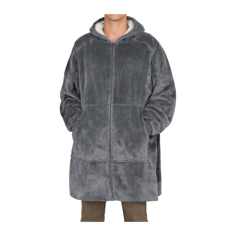 May include: A charcoal gray zip-up hoodie made of plush, fuzzy fleece material. This long-sleeved garment features a hood lined with white sherpa fabric, a full-length front zipper, and two large rectangular patch pockets on the front lower section.