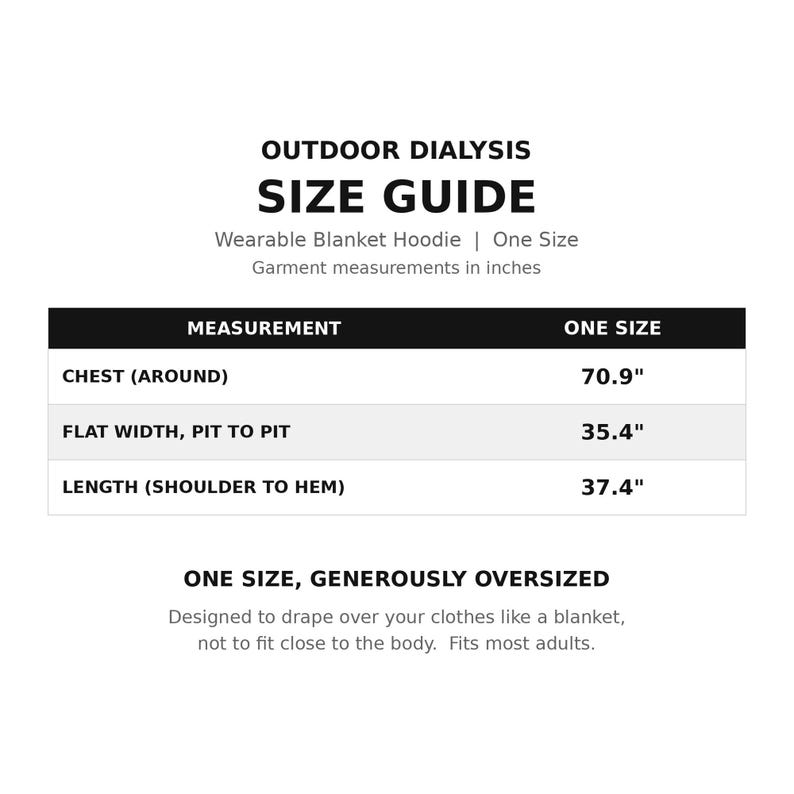 May include: A black and white size guide chart for an Outdoor Dialysis wearable blanket hoodie. It lists measurements in inches: chest 70.9 inches, flat width 35.4 inches, and length 37.4 inches. The text states one size, generously oversized.