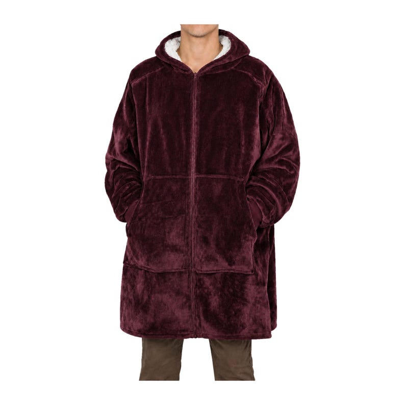 May include: A deep burgundy zip-up hooded jacket made of a plush, fuzzy material. The garment features a full-length front zipper, a hood lined with white faux shearling, long sleeves with ribbed cuffs, and two large patch pockets on the front.