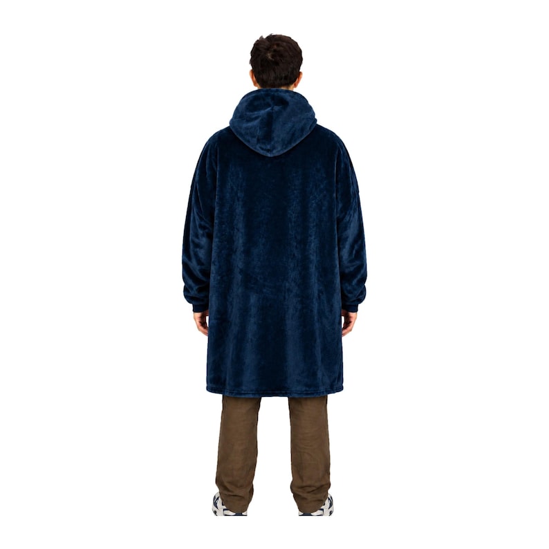 May include: A dark navy blue oversized hooded sweatshirt made of a plush, fuzzy fleece material. The garment features long sleeves with ribbed cuffs, a large hood, and a loose, knee-length fit that hangs straight down from the shoulders.