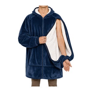 May include: A navy blue zip-up hoodie with a white sherpa fleece lining. The garment features a full-length front zipper, a hood, and long sleeves. The side panel is partially unzipped, revealing the white textured interior lining of the hoodie.