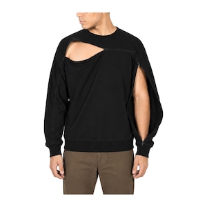 May include: A black long-sleeve sweatshirt featuring a large diagonal cutout across the upper chest and shoulder area, secured with a zipper. The garment has a crew neckline, ribbed cuffs, and a ribbed hem, showcasing a deconstructed design.