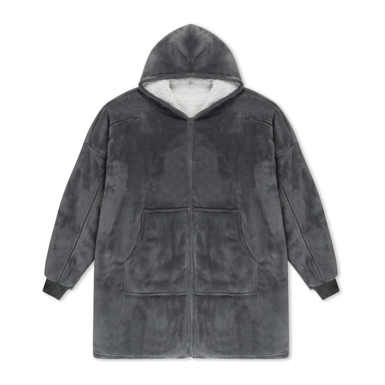 May include: A dark gray zip-up hooded sweatshirt made of plush fleece material. The garment features a white sherpa-style lining inside the hood, long sleeves with ribbed cuffs, and two large front pockets positioned on either side of the zipper.
