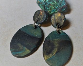 Mod, Polymer, Bronze, Gold, Black, Green, Metallic, Stone, Oval, Geometric, Peacock Feather, Earrings, Post Backs,*READ DESCRIPTION BELOW