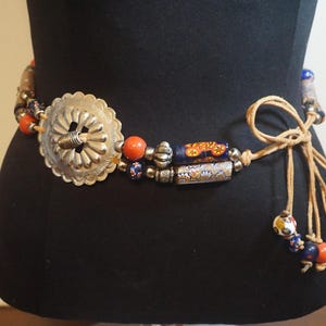 Beaded Concho Leather Cord Belt, Silver, Clay Bead, Tie Belt, Boho, Chic Belt,*READ DESCRIPTION BELOW