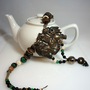 Vintage Amulet Asian Pendant Ethnic Beaded Malachite Necklace Large , Wood, Glass, Clay, Brass