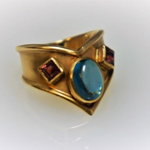 Aquamarine Cabochon, Pink Tourmaline 14k Solid Gold Ring, Classic Chevron Design, Penny Preville, Size 3.75,*READ DESCRIPTION BELOW