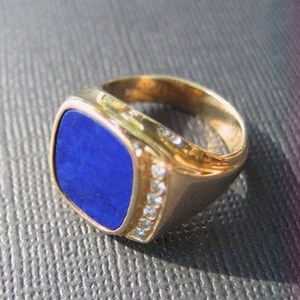 Quality Lapis 14k Solid Gold Diamond Ring, Men&#39;s, Unisex, Size 7.5, Men&#39;s Cocktail Ring, Designer Lapis Ring,*READ DESCRIPTION BELOW