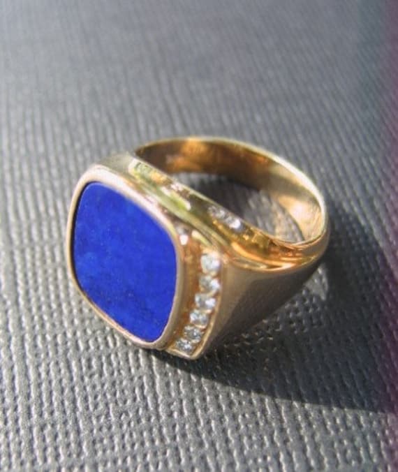 Quality Lapis, Diamonds, 14k Gold Ring, Men's, Un… - image 1