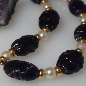 Vintage Carved Dark Large Amethyst Beaded Necklace 14k Solid Gold Pearls, 20 inch, Asian Inspired, Graduated Beads,*READ DESCRIPTION BELOW