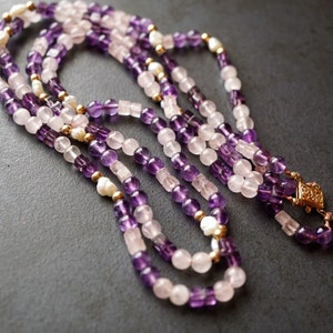 Double Strand Gemstone 14k Solid Gold Necklace,  Amethyst, Rose Quartz, Pearl, Multi Shape 6 mm with 14K Box Clasp,*READ DESCRIPTION BELOW