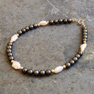 Hematite 14k Solid Gold Pearl Beaded Bracelet, Stacking Gemstone, Petite Jewelry,*READ ITEM DESCRIPTION