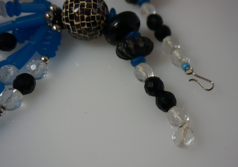Mosaic Shell Beads Loose Seven Strands Cobalt Blue Glass Black and Clear Crystal Bead Strands Ebony Crystals
