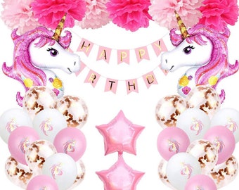 Pink Unicorn Birthday Decorations For Girls, Happy Birthday Balloon Banner Aluminum Foil Latex