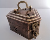 Vintage Brass Trinket Box with Hinged Lid and Thatch Carrying Handle Collectible Jewelry Keepsake Treasure Box Stash Handmade and Numbered
