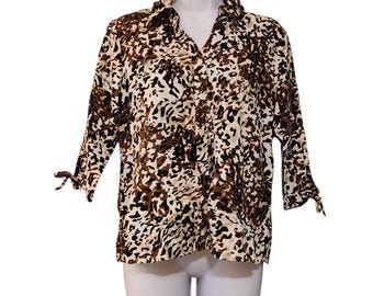 Gloria Vanderbilt Casuals Womens Top PM Petite Animal Print 1/2 Sleeve Button Up