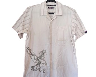 Vintage Bugle Boy Mens Shirt Size M Biege Eagle Printed Short Sleeve Button Down