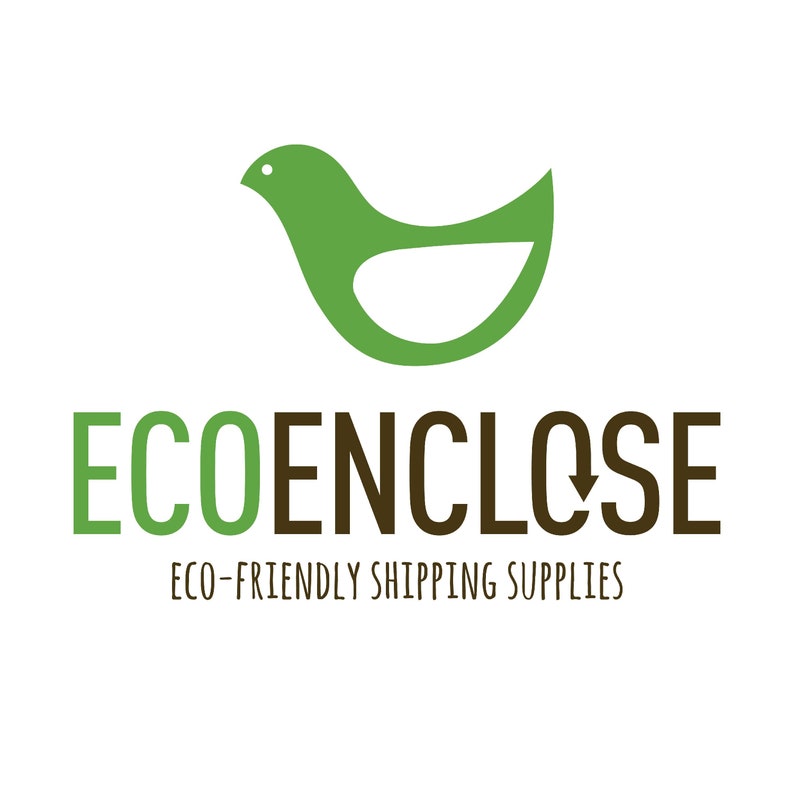 K&ouml;nnte beinhalten: Ein gr&uuml;nes, stilisiertes Vogel-Logo mit dem Text "ECOENCLOSE" in braunen Buchstaben darunter. Der Text "ECO-FRIENDLY SHIPPING SUPPLIES" befindet sich unter dem Logo.