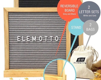 Felt Letter Board 10x10 Black/Gray Double Sided Message Board Pre-cut letters w/ Stand 680 White/Gold Characters 2 Canvas Bag Gift Packaging