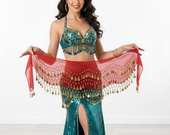 6 sciarpe in chiffon per danza del ventre di diversi colori ricamate con monete dorate, cinture da ballo in stile egiziano per donne, accessori da danza