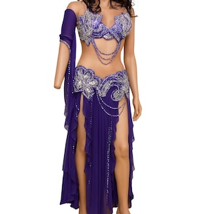 Puede incluir: Un disfraz de danza del vientre morado con adornos plateados. El conjunto de dos piezas incluye un sujetador con cuentas, una falda con una abertura alta y una manga a juego. El disfraz está adornado con pedrería y patrones intrincados.