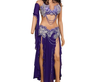 Purple Two Pieces Bellydance Costume, Egyptian Style bellydance outfit, dancing bra&skirt, beaded bellydance dress, Performance Dress