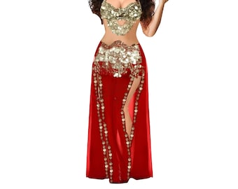 Red &Gold Bellydance Costume, Bellydance Performance Set, Professional Egyptian dancing costume, Beaded Coins Bellydance dress