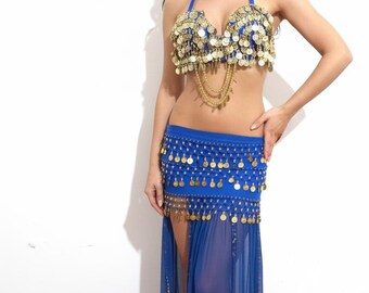 Conjunto de traje de danza del vientre, 2 piezas, hecho a mano, sujetador de baile + falda, monedas doradas bordadas en azul, traje de danza del vientre, vestido de danza egipcia