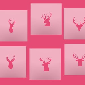 May include: Six pink squares with a silhouette of a deer head with antlers in each square. The deer heads are facing different directions.