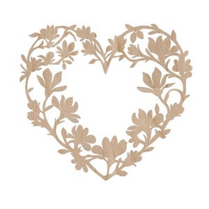 May include: A heart-shaped wooden cutout featuring a floral design. The cutout is made of light brown wood and showcases a delicate arrangement of flowers and leaves, creating a romantic and natural aesthetic.