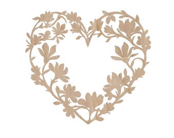May include: A heart-shaped wooden cutout featuring a floral design. The cutout is made of light brown wood and showcases a delicate arrangement of flowers and leaves, creating a romantic and natural aesthetic.