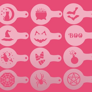 May include: A collection of pink stencils with Halloween-themed designs. The stencils feature a cat on a crescent moon, a cauldron, bats, a witch's hat, a jack-o'-lantern face, the word "BOO", a witch on a broom, candy corn, a potion bottle, a spider web, a spider, and a pentagram.