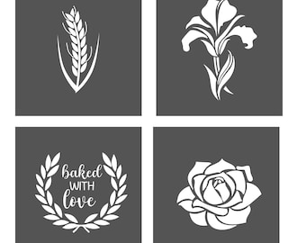 May include: Four square images with white designs on a dark gray background. The top left image shows a wheat stalk. The top right image shows an iris flower. The bottom left image shows a wreath with the text "baked with love". The bottom right image shows a rose.