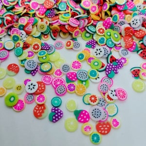 Può includere: Assortimento di ciondoli in pasta polimerica a forma di frutta colorata, tra cui fette di anguria, kiwi, limone, fragola e ananas. Questi ciondoli sono perfetti per aggiungere un tocco di fantasia a gioielli, artigianato e altri progetti.