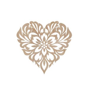 May include: A decorative heart-shaped design with intricate floral patterns cut out of wood. The design is in a light brown color.