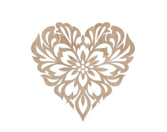 May include: A decorative heart-shaped design with intricate floral patterns cut out of wood. The design is in a light brown color.