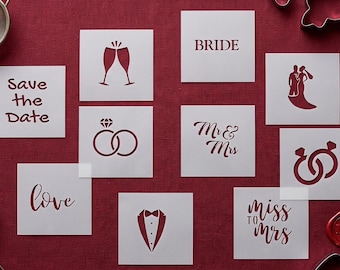 Wedding Stencil Set of 10, Bridal Shower Decor, Mr and Mrs Stencils, Save the Date, Love Rings Design,Mylar Craft Stencils
