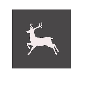 May include: A white silhouette of a deer with antlers against a dark gray background.