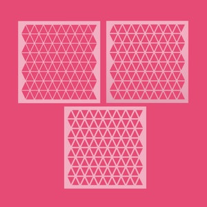 May include: Three white vinyl stencils with a geometric pattern of repeating triangles. The stencils are arranged in a triangular shape.