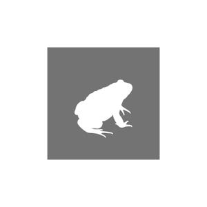 May include: A white silhouette of a frog against a grey square backdrop. The frog is shown in profile, highlighting its form and limbs. The image has a simple, graphic design.