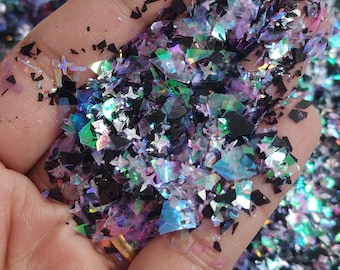 10g Galaxy Star glitter & Cellophane Mix, Solvent Resistant Iridescent Chunky Glitter Sprinkle, Resin, Nail Art, Slime, Craft Supplies